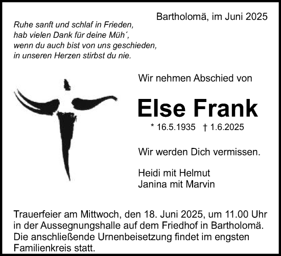 Traueranzeige von Else Frank von Gmünder Tagespost