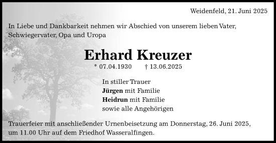 Traueranzeige von Erhard Kreuzer von Schwäbische Post