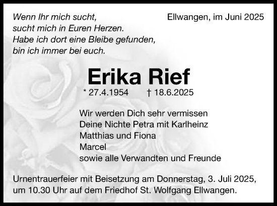 Traueranzeige von Erika Rief von Schwäbische Post