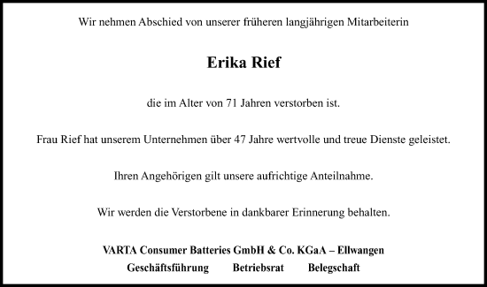 Traueranzeige von Erika Rief von Schwäbische Post