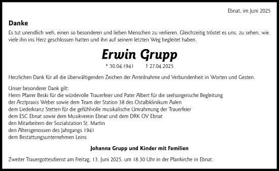 Traueranzeige von Erwin Grupp von Schwäbische Post