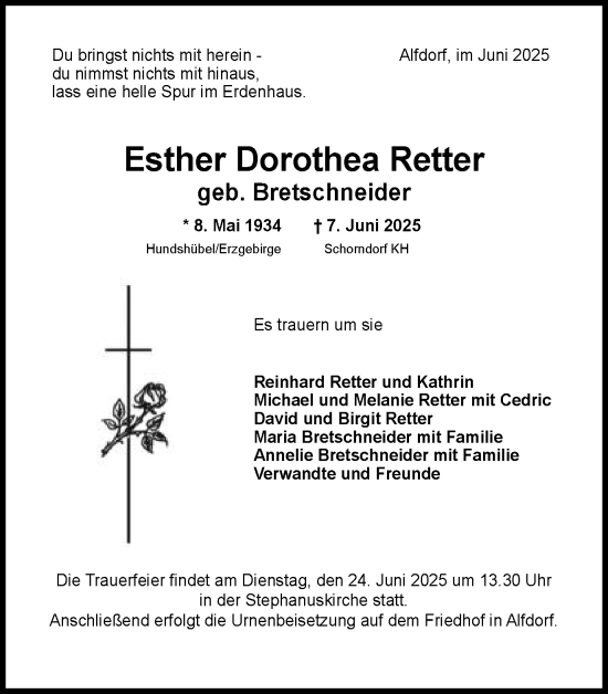 Traueranzeige von Esther Dorothea Retter von Gmünder Tagespost