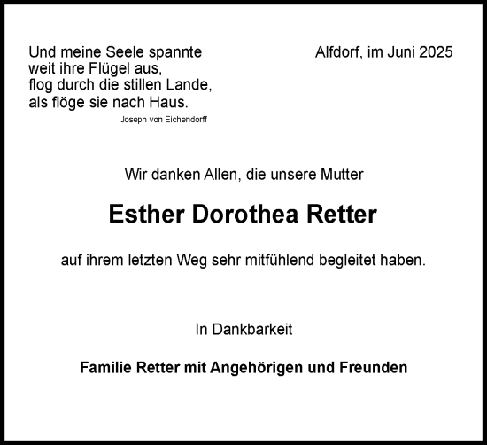 Traueranzeige von Esther Dorothea Retter von Gmünder Tagespost