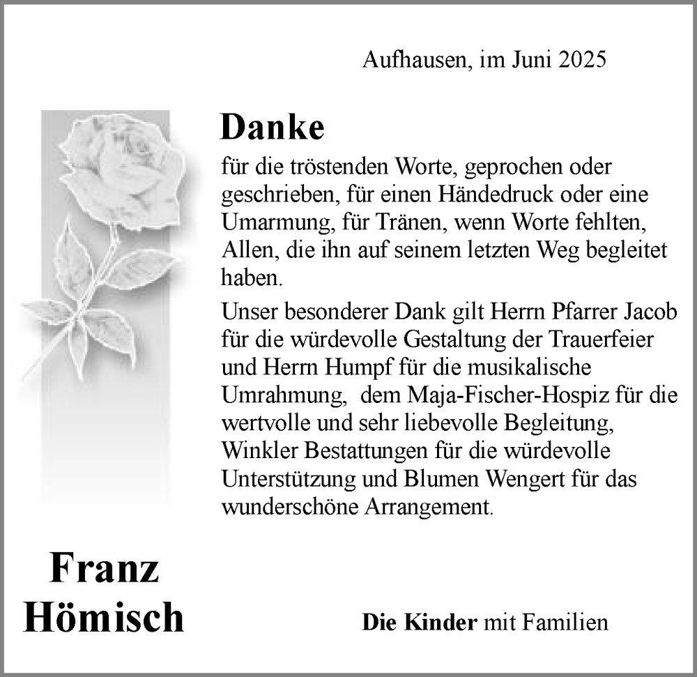  Traueranzeige für Franz Hömisch vom 21.06.2025 aus Schwäbische Post
