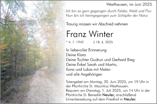 Traueranzeige von Franz Winter von Schwäbische Post