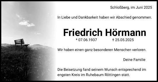 Traueranzeige von Friedrich Hörmann von Schwäbische Post