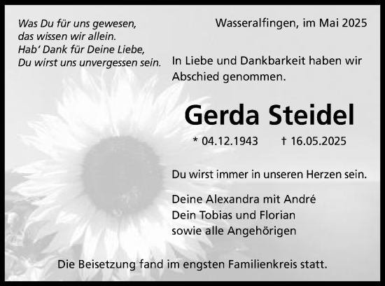 Traueranzeige von Gerda Steidel von Schwäbische Post