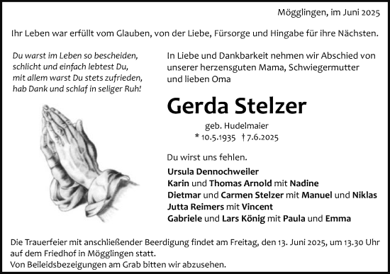 Traueranzeige von Gerda Stelzer von Gmünder Tagespost