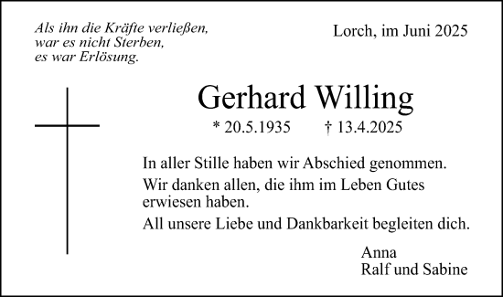 Traueranzeige von Gerhard Willing von Gmünder Tagespost