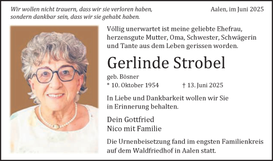 Traueranzeige von Gerlinde Strobel von Schwäbische Post