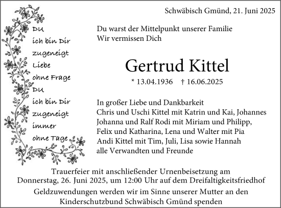 Traueranzeige von Gertrud Kittel von Gmünder Tagespost