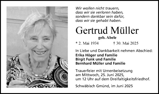 Traueranzeige von Gertrud Müller von Gmünder Tagespost