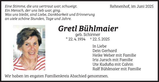 Traueranzeige von Gretl Bühlmaier von Gmünder Tagespost
