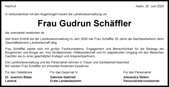 Traueranzeige von Gudrun Schäffler von Schwäbische Post