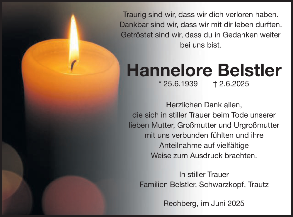  Traueranzeige für Hannelore Belstler vom 28.06.2025 aus Gmünder Tagespost
