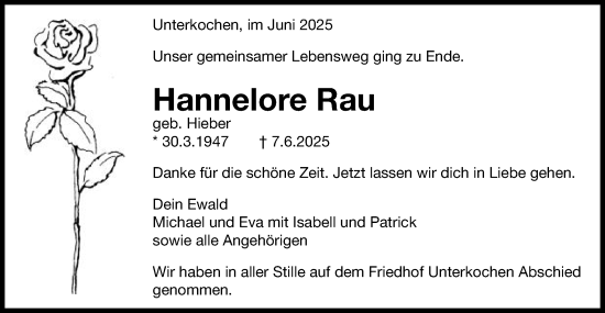 Traueranzeige von Hannelore Rau von Schwäbische Post