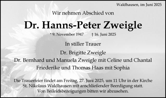 Traueranzeige von Hanns-Peter Zweigle von Schwäbische Post