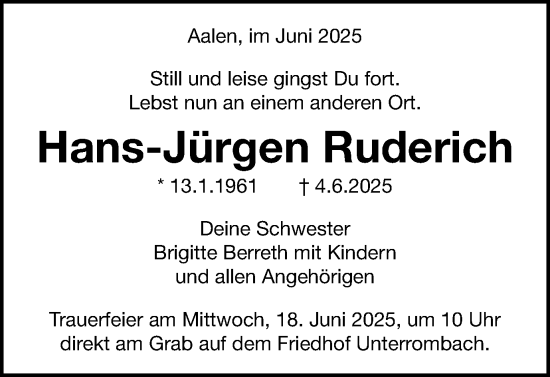 Traueranzeige von Hans-Jürgen Ruderich von Schwäbische Post