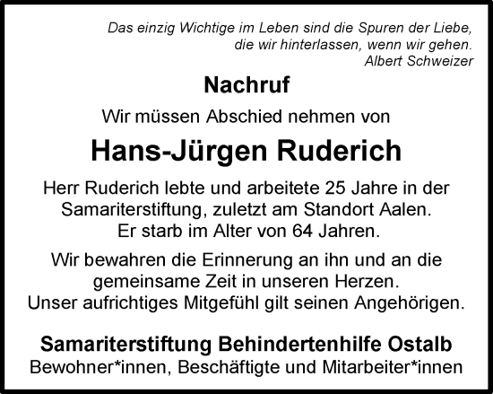 Traueranzeige von Hans-Jürgen Ruderich von Schwäbische Post