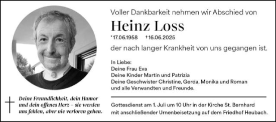 Traueranzeige von Heinz Loss von Gmünder Tagespost