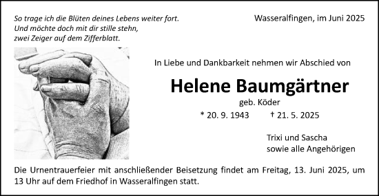 Traueranzeige von Helene Baumgärtner von Schwäbische Post
