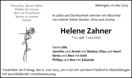 Traueranzeige von Helene Zahner von Gmünder Tagespost