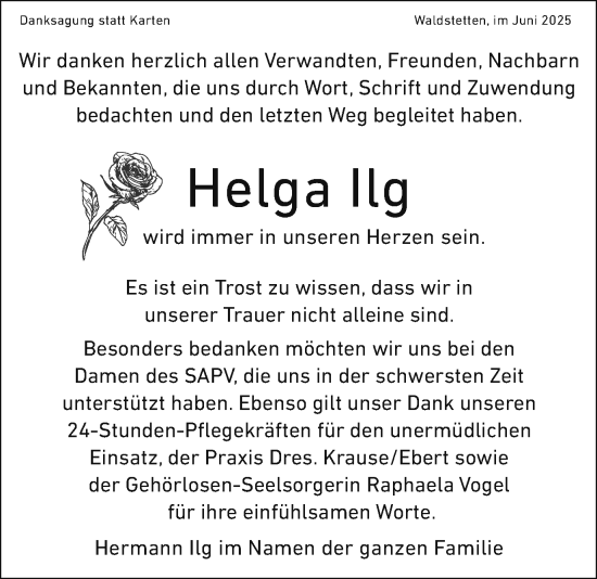 Traueranzeige von Helga Ilg von Gmünder Tagespost