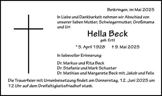 Traueranzeige von Hella Beck von Gmünder Tagespost