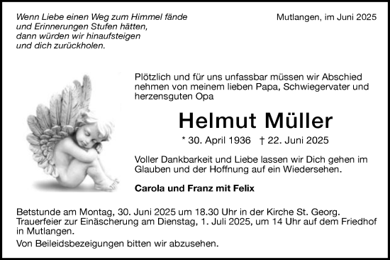Traueranzeige von Helmut Müller von Gmünder Tagespost