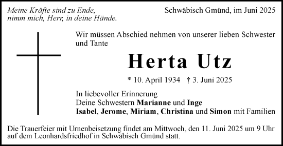 Traueranzeige von Herta Utz von Gmünder Tagespost