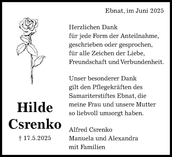 Traueranzeige von Hilde Csrenko von Schwäbische Post