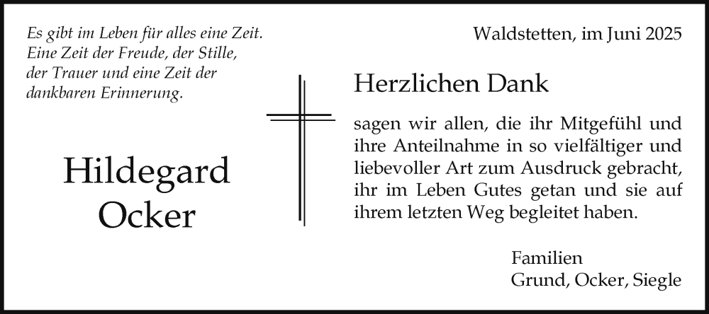  Traueranzeige für Hildegard Ocker vom 25.06.2025 aus Gmünder Tagespost