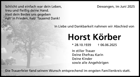 Traueranzeige von Horst Körber von Schwäbische Post