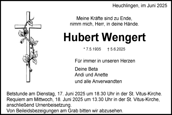 Traueranzeige von Hubert Wengert von Gmünder Tagespost