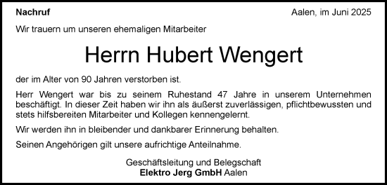 Traueranzeige von Hubert Wengert von Schwäbische Post