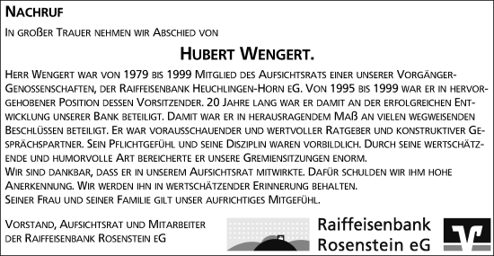 Traueranzeige von Hubert Wengert von Gmünder Tagespost