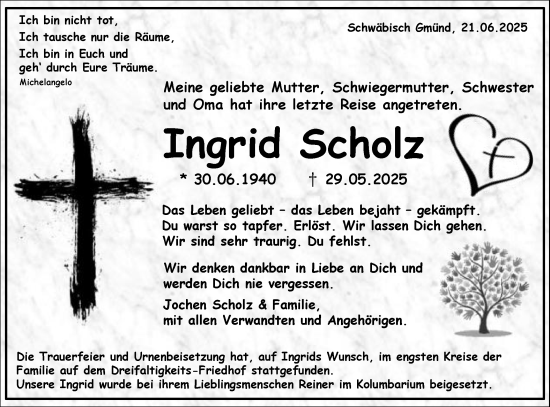 Traueranzeige von Ingrid Scholz von Gmünder Tagespost