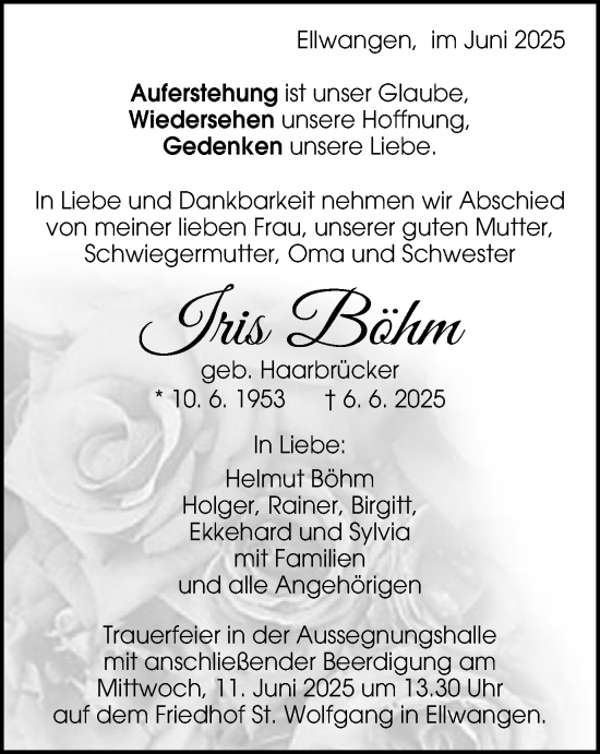 Traueranzeige von Iris Böhm von Schwäbische Post