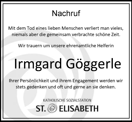 Traueranzeige von Irmgard Göggerle von Schwäbische Post
