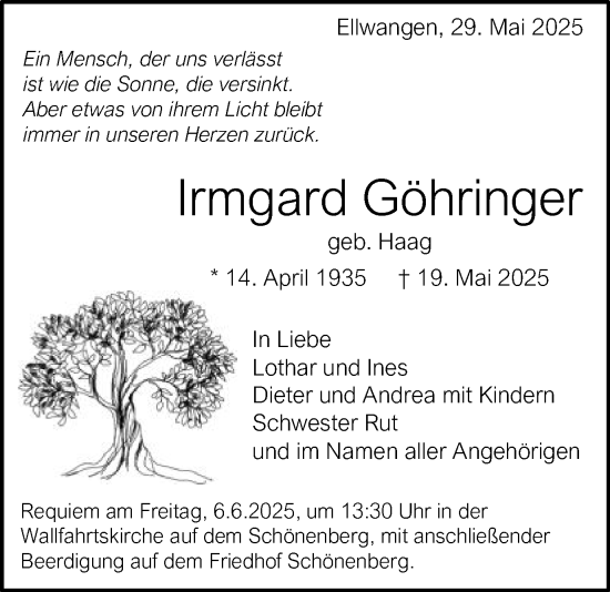 Traueranzeige von Irmgard Göhringer von Schwäbische Post