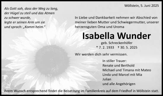 Traueranzeige von Isabella Wunder von Schwäbische Post
