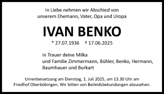 Traueranzeige von Ivan Benko von Gmünder Tagespost