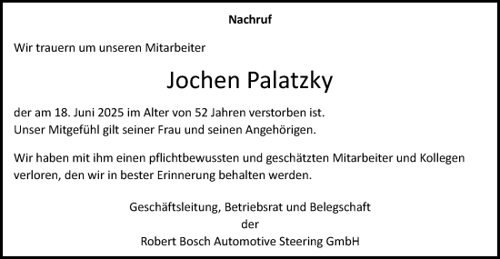 Traueranzeige von Jochen Palatzky von Gmünder Tagespost