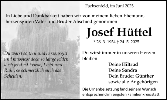 Traueranzeige von Josef Hüttel von Schwäbische Post