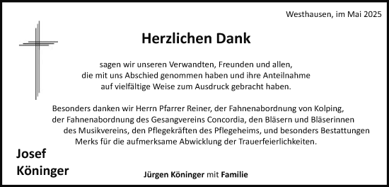 Traueranzeige von Josef Köninger von Schwäbische Post