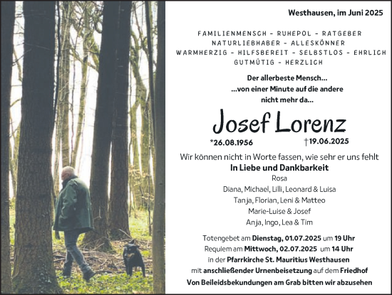 Traueranzeige von Josef Lorenz von Schwäbische Post