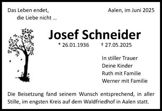Traueranzeige von Josef Schneider von Schwäbische Post