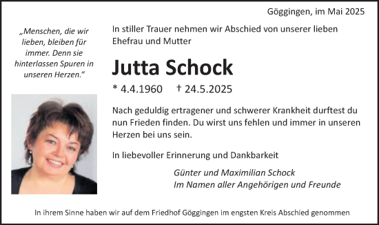 Traueranzeige von Jutta Schock von Gmünder Tagespost