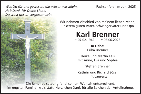 Traueranzeige von Karl Brenner von Schwäbische Post