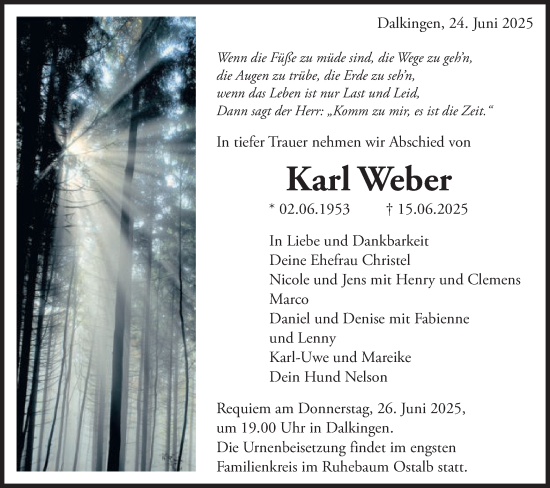 Traueranzeige von Karl Weber von Schwäbische Post